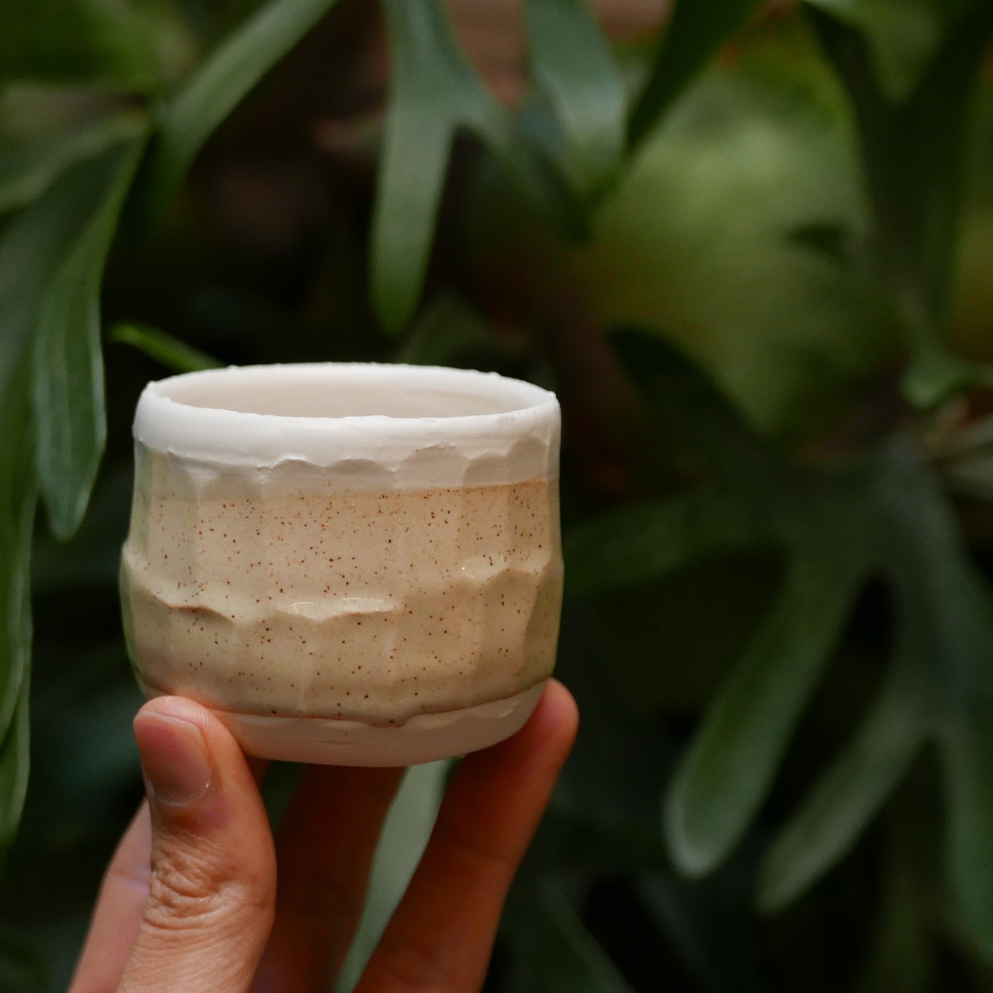 Oatmeal and White Gently Faceted Low Tumbler