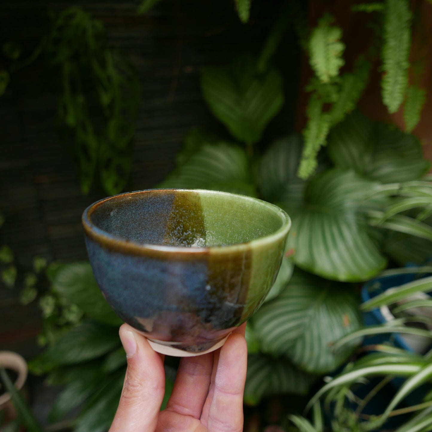 Moss Green and Variegated Blue Glazed Bowl